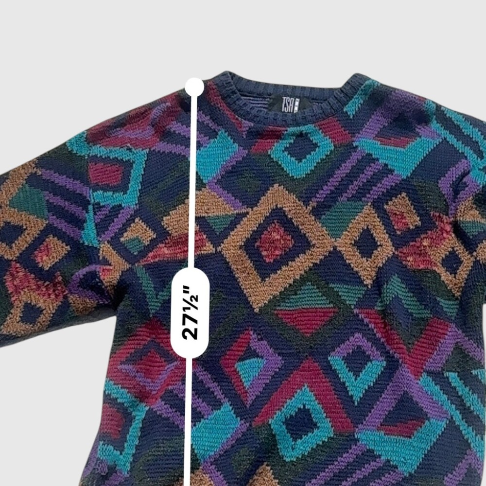 TSR Vintage 90s Abstract Geometric Crewneck Sweater Navy Multicolor USA Made M - Picture 9 of 10